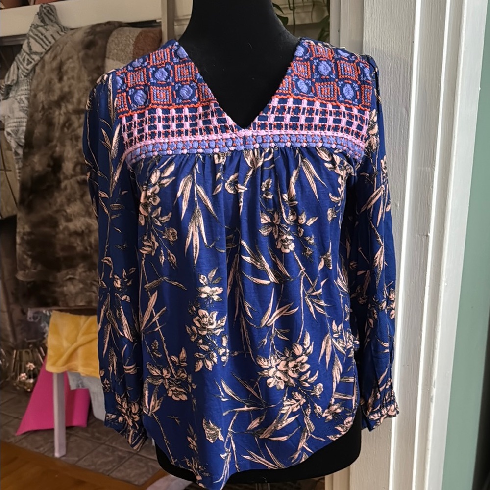 Anthropologie Floral Blue and Pink Women's Top with embroidery
